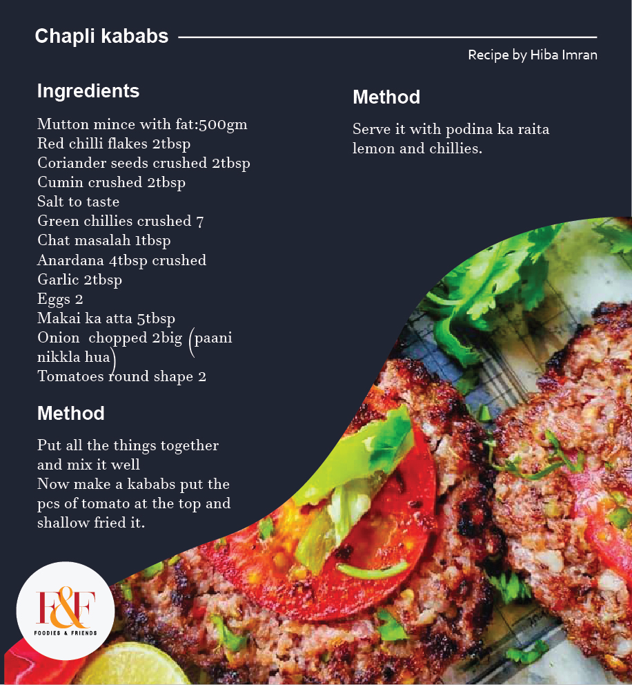 Chapli kababs  Ingredients:   Mutton mince with fat:500gm Red chilli flakes 2tbsp Coriander seeds crushed 2tbsp Cumin crushed 2tbsp Salt to taste Green chillies crushed 7 Chat masalah 1tbsp Anardana 4tbsp crushed  Garlic 2tbsp Eggs 2 Makai ka atta 5tbsp Onion  chopped 2big (paani nikkla hua) Tomatoes round shape 2  Put all the things together and mix it well  Now make a kababs put the pcs of tomato at the top and shallow fried it.  Serve it with podina ka raita lemon and chillies.