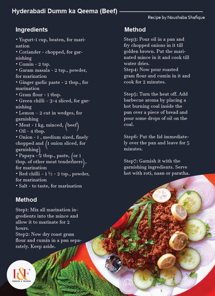 Hyderabadi Dumm ka Qeema (Beef)*  INGREDIENTS • Yogurt-1 cup, beaten, for marination • Coriander - chopped, for garnishing • Cumin - 2 tsp. • Garam masala - 2 tsp., powder, for marination • Ginger garlic paste - 2 tbsp., for marination • Gram flour - 1 tbsp. • Green chilli – 3-4 sliced, for garnishing • Lemon – 2 cut in wedges, for garnishing • Meat - 1 kg, minced, (beef) • Oil - 4 tbsp. • Onion - 1 , medium sized, finely chopped and (1 onion sliced, for garnishing) • Papaya - 2 tbsp., paste, (or 1 tbsp. of other meat tenderizers), for marination • Red chilli – 1 ½ - 2 tsp., powder, for marination • Salt - to taste, for marination Instructions: Step1: Mix all marination ingredients into the mince and allow it to marinate for 2 hours. Step2: Now dry roast gram flour and cumin in a pan separately. Keep aside. Step3: Pour oil in a pan and fry chopped onions in it till golden brown. Put the marinated mince in it and cook till water dries. Step4: Now pour roasted gram flour and cumin in it and cook for 2 minutes. Step5: Turn the heat off. Add barbecue aroma by placing a hot burning coal inside the pan over a piece of bread and pour some drops of oil on the coal. Step6: Put the lid immediately over the pan and leave for 5 minutes. Step7: Garnish it with the garnishing ingredients. Serve hot with roti, naan or paratha.