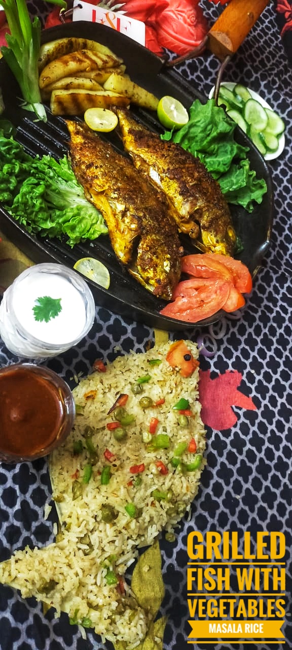 Grilled Fish with vegetables masala rice by Ifrah Sohail