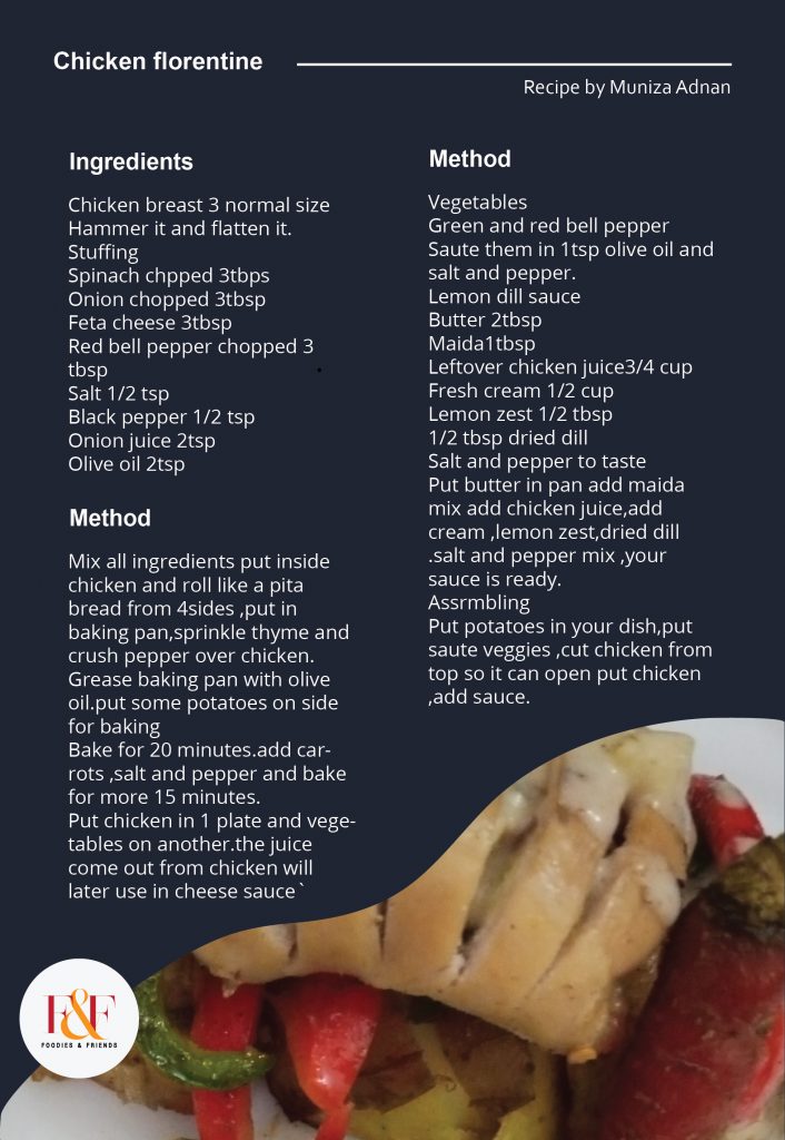 Ingredients Chicken breast 3 normal size Hammer it and flatten it. Stuffing Spinach chpped 3tbps Onion chopped 3tbsp Feta cheese 3tbsp Red bell pepper chopped 3 tbsp Salt 1/2 tsp Black pepper 1/2 tsp Onion juice 2tsp Olive oil 2tsp Mix all ingredients put inside chicken and roll like a pita bread from 4sides ,put in baking pan,sprinkle thyme and crush pepper over chicken. Grease baking pan with olive oil.put some potatoes on side for baking Bake for 20 minutes.add carrots ,salt and pepper and bake for more 15 minutes. Put chicken in 1 plate and vegetables on another.the juice come out from chicken will later use in cheese sauce Vegetables Green and red bell pepper Saute them in 1tsp olive oil and salt and pepper. Lemon dill sauce Butter 2tbsp Maida1tbsp Leftover chicken juice3/4 cup Fresh cream 1/2 cup Lemon zest 1/2 tbsp 1/2 tbsp dried dill  Salt and pepper to taste Put butter in pan add maida mix add chicken juice,add cream ,lemon zest,dried dill .salt and pepper mix ,your sauce is ready. Assrmbling Put potatoes in your dish,put saute veggies ,cut chicken from top so it can open put chicken ,add sauce.
