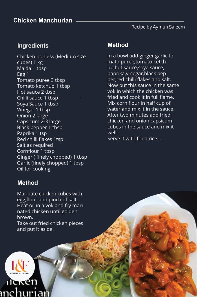 Chicken bonless (Medium size cubes) 1 kg  Maida 1 tbsp Egg 1 Tomato puree 3 tbsp Tomato ketchup 1 tbsp Hot sauce 2 tbsp Chilli sauce 1 tbsp Soya Sauce 1 tbsp Vinegar 1 tbsp Onion 2 large Capsicum 2-3 large Black pepper 1 tbsp Paprika 1 tsp Red chilli flakes 1tsp Salt as required Cornflour 1 tbsp Ginger ( finely chopped) 1 tbsp Garlic (finely chopped) 1 tbsp Oil for cooking  Method:  Marinate chicken cubes with egg,flour and pinch of salt. Heat oil in a vok and fry marinated chicken until golden brown. Take out fried chicken pieces and put it aside. In a bowl add ginger garlic,tomato puree,tomato ketchup,hot sauce,soya sauce, paprika,vinegar,black pepper,red chilli flakes and salt. Now put this sauce in the same vok in which the chicken was fried and cook it in full flame. Mix corn flour in half cup of water and mix it in the sauce. After two minutes add fried chicken and onion capsicum cubes in the sauce and mix it well. Serve it with fried rice