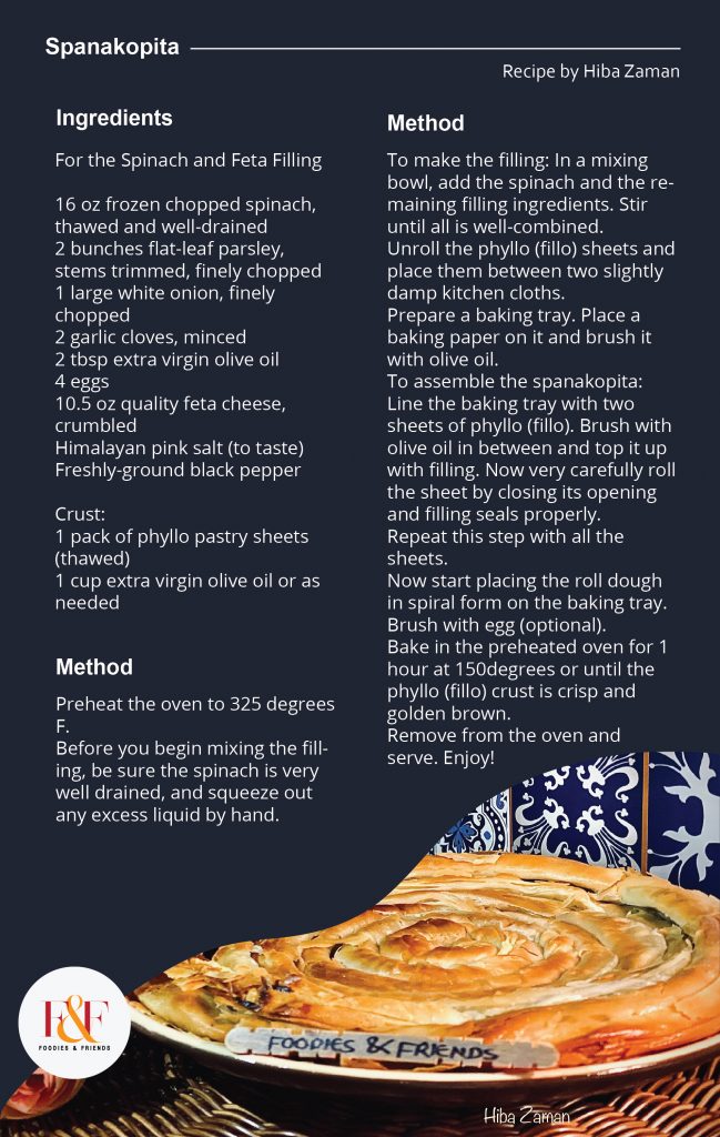 Spanakopita (Greek spinach& cheese pie)  For the Spinach and Feta Filling  16 oz frozen chopped spinach, thawed and well-drained 2 bunches flat-leaf parsley, stems trimmed, finely chopped 1 large white onion, finely chopped 2 garlic cloves, minced 2 tbsp extra virgin olive oil 4 eggs 10.5 oz quality feta cheese, crumbled Himalayan pink salt (to taste) Freshly-ground black pepper  Crust: 1 pack of phyllo pastry sheets (thawed) 1 cup extra virgin olive oil or as needed  Method: Preheat the oven to 325 degrees F. Before you begin mixing the filling, be sure the spinach is very well drained, and squeeze out any excess liquid by hand. To make the filling: In a mixing bowl, add the spinach and the remaining filling ingredients. Stir until all is well-combined. Unroll the phyllo (fillo) sheets and place them between two slightly damp kitchen cloths. Prepare a baking tray. Place a baking paper on it and brush it with olive oil. To assemble the spanakopita: Line the baking tray with two sheets of phyllo (fillo). Brush with olive oil in between and top it up with filling. Now very carefully roll the sheet by closing its opening and filling seals properly.  Repeat this step with all the sheets. Now start placing the roll dough in spiral form on the baking tray. Brush with egg (optional). Bake in the preheated oven for 1 hour at 150degrees or until the phyllo (fillo) crust is crisp and golden brown.  Remove from the oven and serve. Enjoy!Spanakopita (Greek spinach& cheese pie)  For the Spinach and Feta Filling  16 oz frozen chopped spinach, thawed and well-drained 2 bunches flat-leaf parsley, stems trimmed, finely chopped 1 large white onion, finely chopped 2 garlic cloves, minced 2 tbsp extra virgin olive oil 4 eggs 10.5 oz quality feta cheese, crumbled Himalayan pink salt (to taste) Freshly-ground black pepper  Crust: 1 pack of phyllo pastry sheets (thawed) 1 cup extra virgin olive oil or as needed  Method: Preheat the oven to 325 degrees F. Before you begin mixing the filling, be sure the spinach is very well drained, and squeeze out any excess liquid by hand. To make the filling: In a mixing bowl, add the spinach and the remaining filling ingredients. Stir until all is well-combined. Unroll the phyllo (fillo) sheets and place them between two slightly damp kitchen cloths. Prepare a baking tray. Place a baking paper on it and brush it with olive oil. To assemble the spanakopita: Line the baking tray with two sheets of phyllo (fillo). Brush with olive oil in between and top it up with filling. Now very carefully roll the sheet by closing its opening and filling seals properly.  Repeat this step with all the sheets. Now start placing the roll dough in spiral form on the baking tray. Brush with egg (optional). Bake in the preheated oven for 1 hour at 150degrees or until the phyllo (fillo) crust is crisp and golden brown.  Remove from the oven and serve. Enjoy!